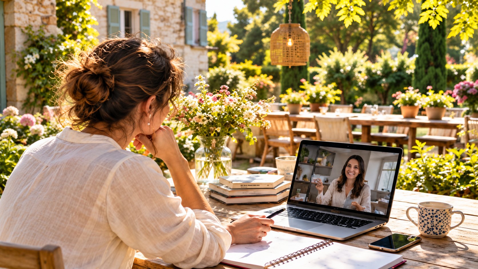 Une femme échange en visioconférence depuis une table en terrasse