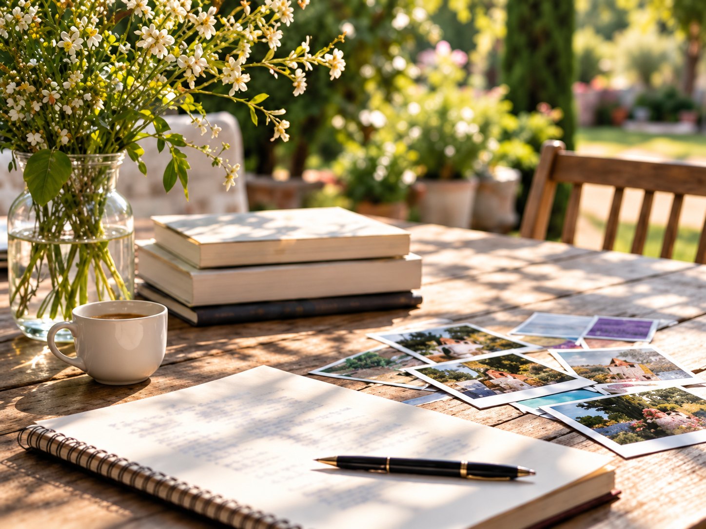 Carnet, livres et photos d’inspiration sur une table en terrasse