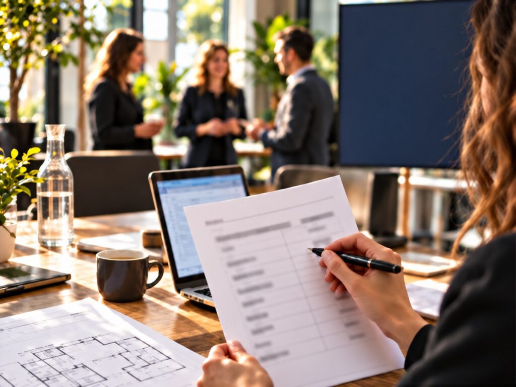 Une participante annote la liste des postes budgétaires d’un séminaire