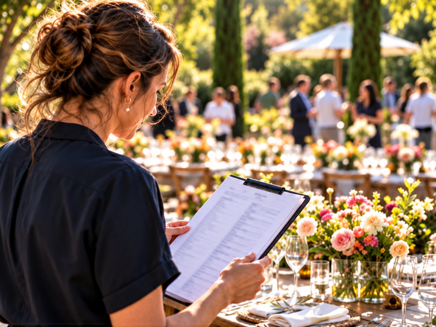 Une coordinatrice relit sa liste devant les tables dressées