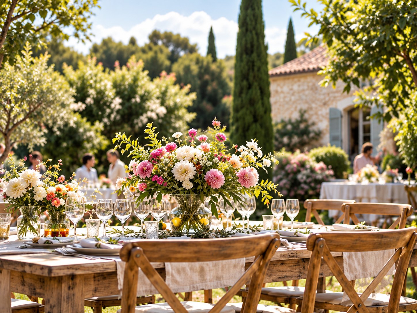Table de réception dressée avec un bouquet de fleurs dans un jardin