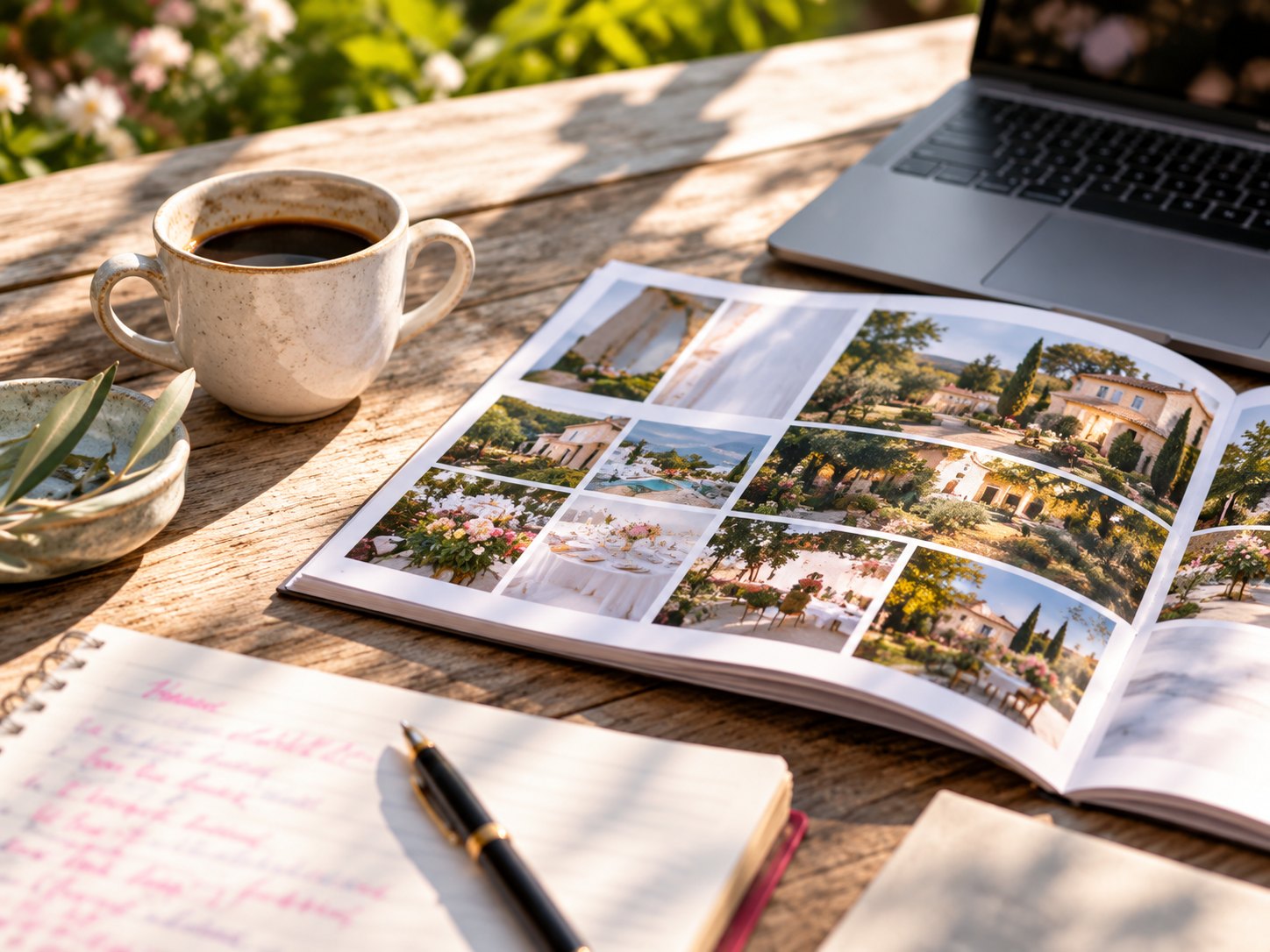 Catalogue de lieux, bloc-notes et café sur une table