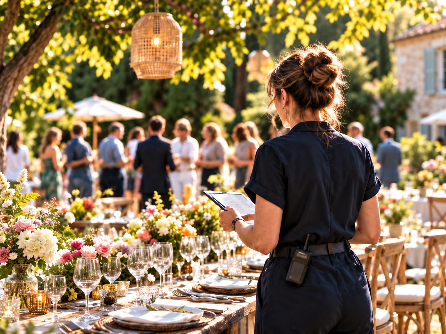 Une coordinatrice consulte sa tablette face à une réception en plein air