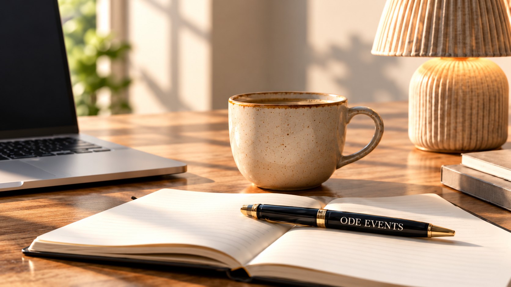 Bureau chaleureux avec tasse, carnet et stylo ODE Events