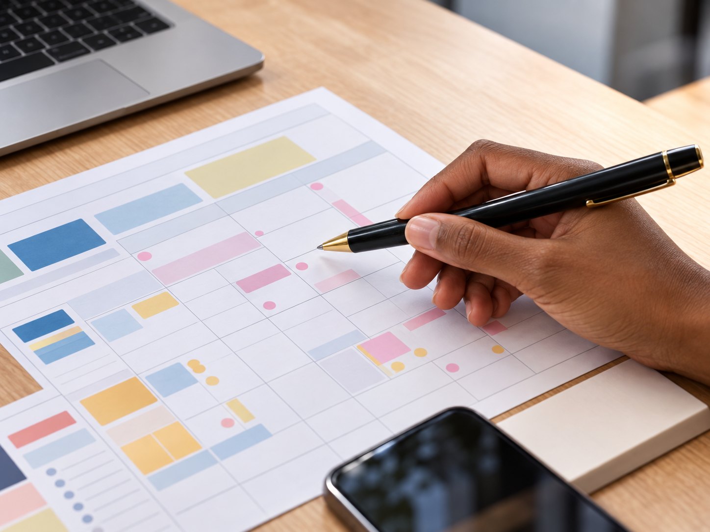 Une main annote un rétroplanning imprimé