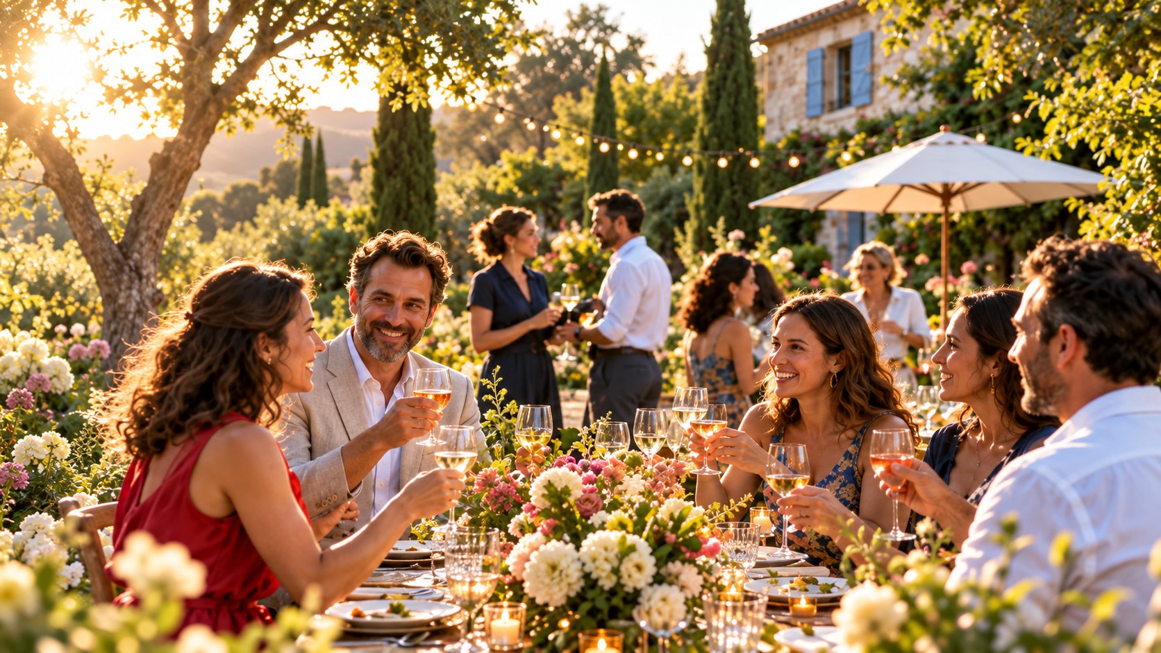 Des amis trinquent autour d’une grande table fleurie dans un jardin