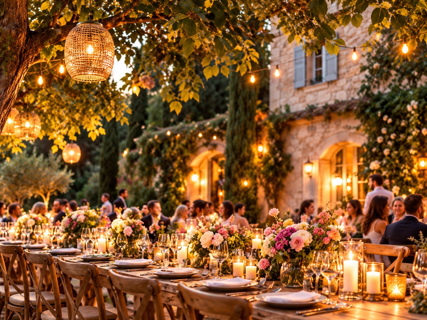 Réception du soir aux lanternes dans le jardin d’une bâtisse en pierre