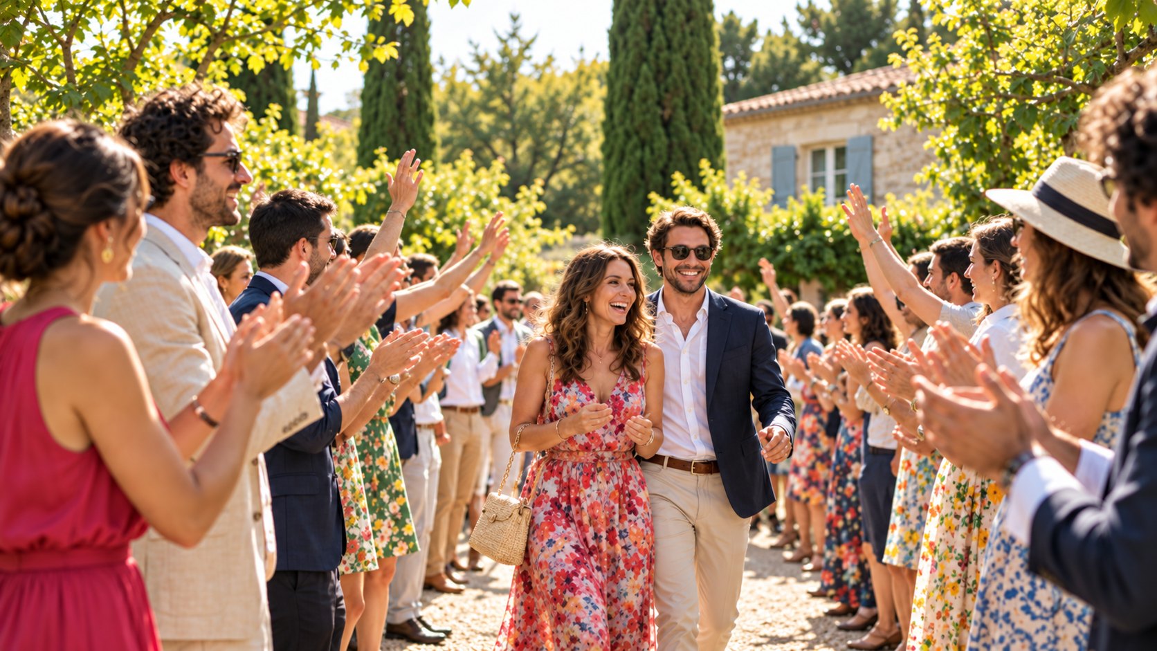 Des invités applaudissent un couple qui avance dans une haie d’honneur, dans le jardin d’un domaine