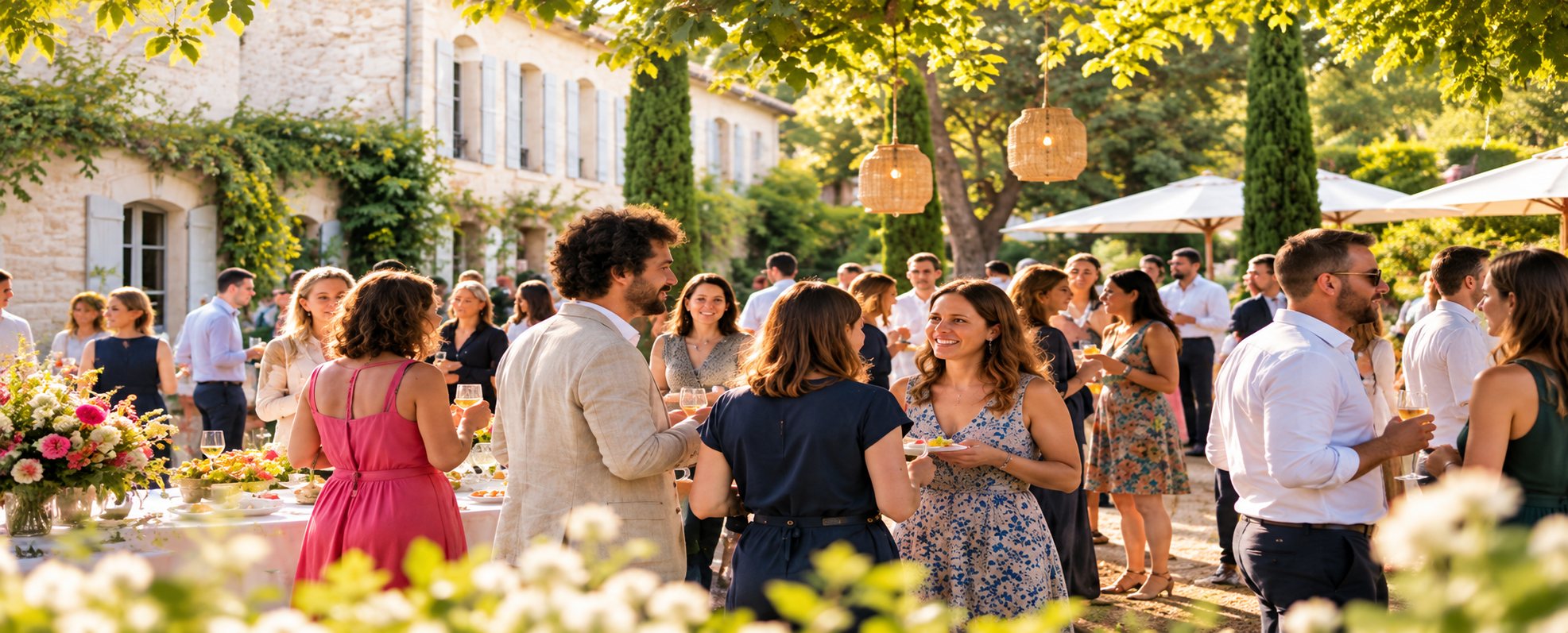 Invités réunis lors d’un cocktail en extérieur dans un domaine, sous les arbres